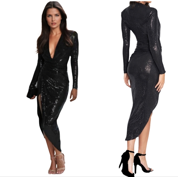 Black Asymmetrical Sequin Long Sleeves Faux Wrap Party Dress By Sabora. Size S - Picture 1 of 17